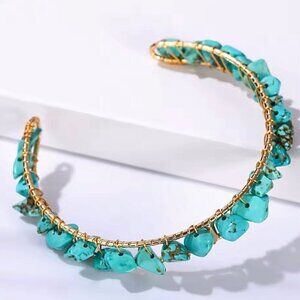 NEW Hand Crafted Turquoise Beaded Cuff Bracelet 14K Gold Plated Boho Western